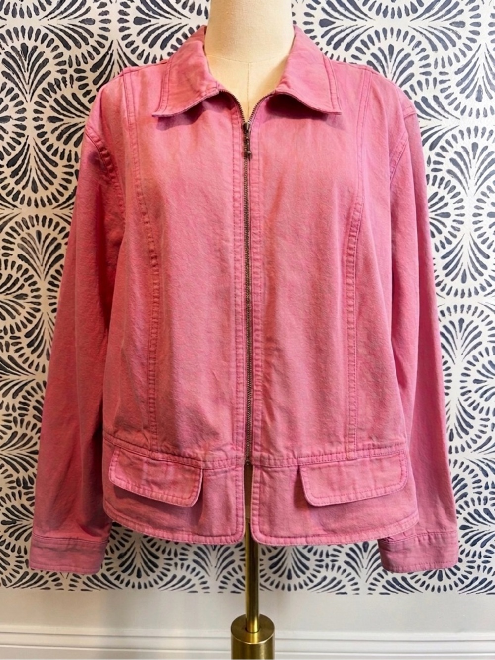 CJ Banks Pink Cotton Zip Front Denim Jean Jacket